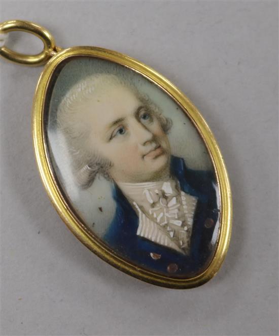 A George IV yellow metal mounted painted miniature mourning pendant, the back inscribed Robt Pott died 1824 33mm.